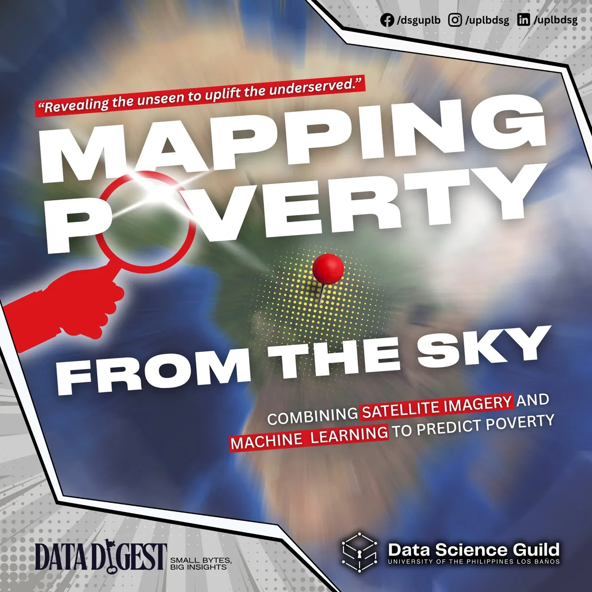 Mapping Poverty from the Sky Data Digest cover with a magnifying glass over a globe