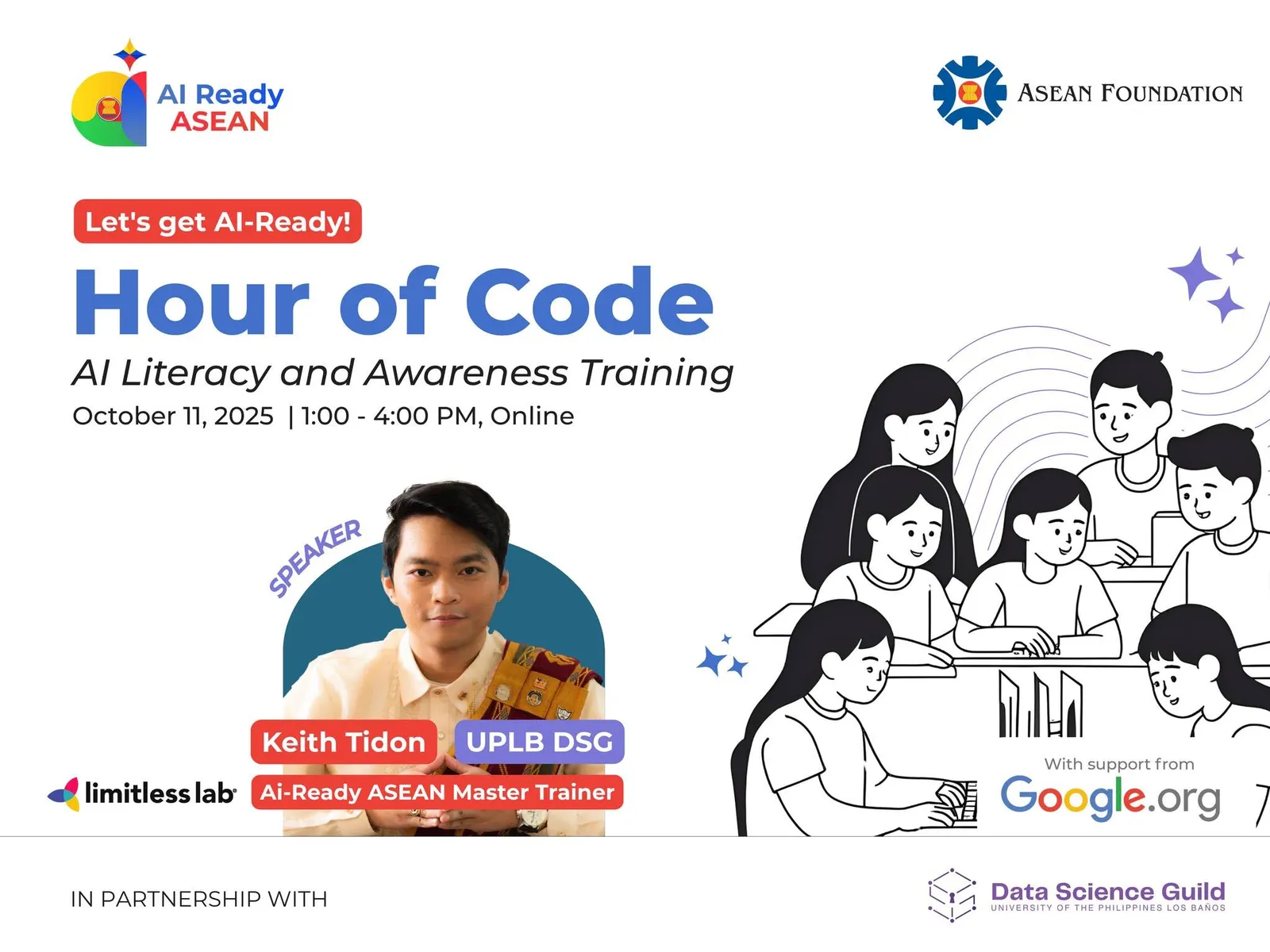 AI Ready ASEAN Hour of Code poster with speaker Keith Tidon, October 11, 2025