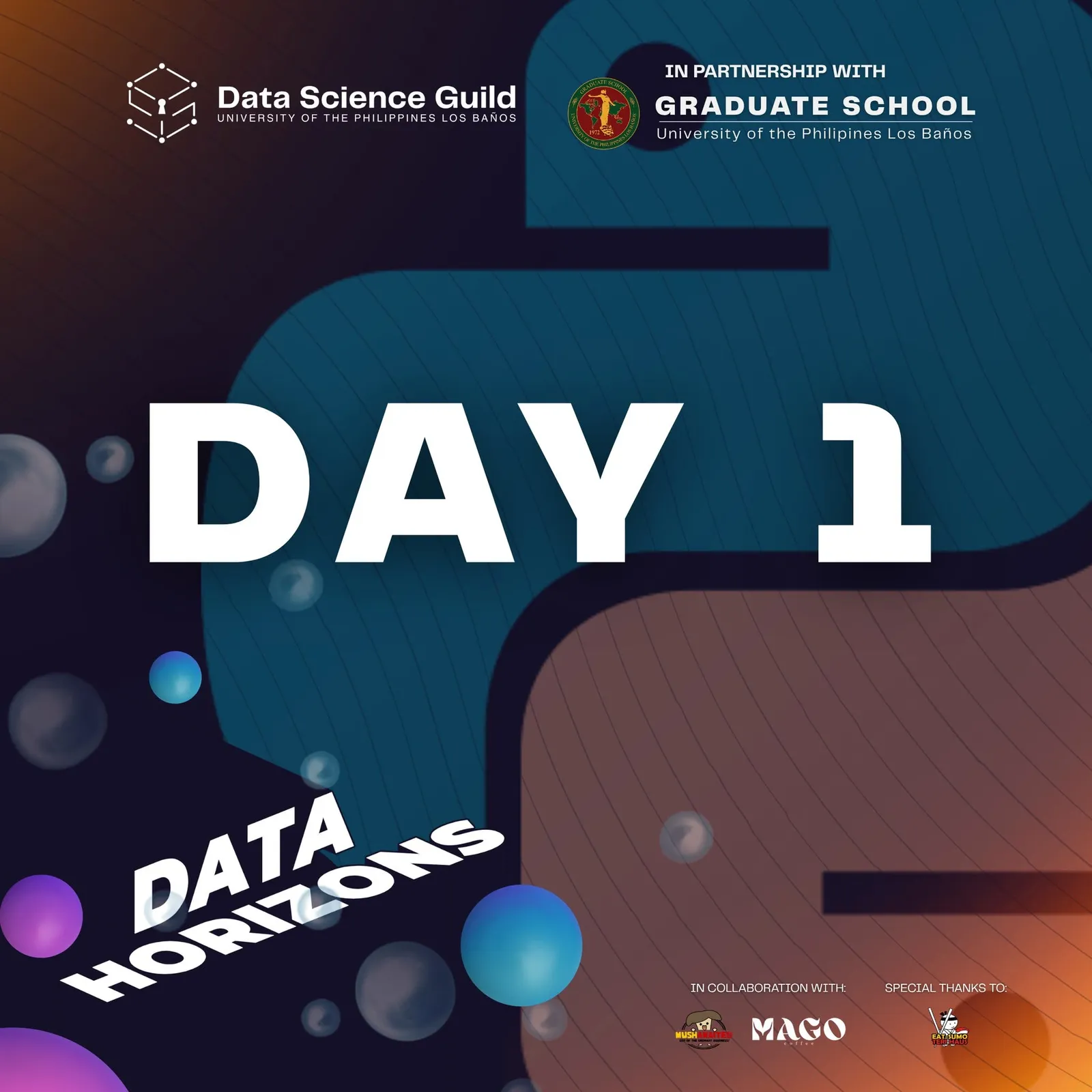 Data Horizons 2026 Day 1 poster with the UPLB Graduate School